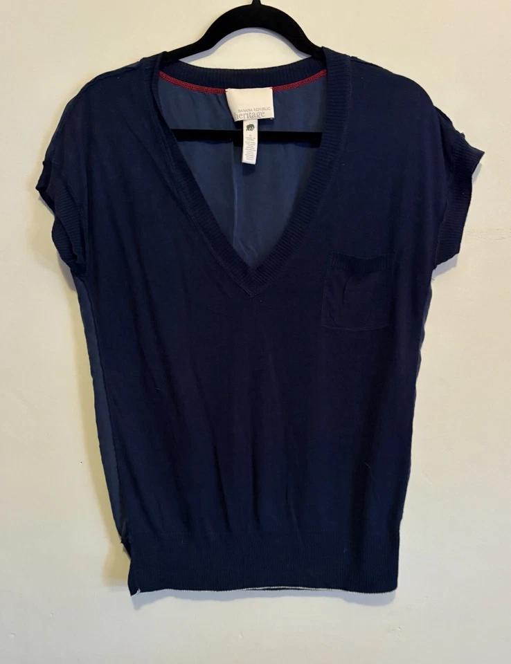 BANANA REPUBLIC Women's Navy Blue V-Neck Silk Blouse Shirt Small Top W Pocket - Image 1 of 4