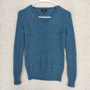 J Crew Pullover Sweater Womens Size PS Wool Teal Blue V-Neck Cable Knit Solid