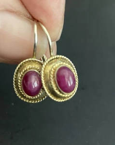Vintage Chinese Export Silver Vermeil Ruby Cabochon Earrings PIERCED - Picture 1 of 5