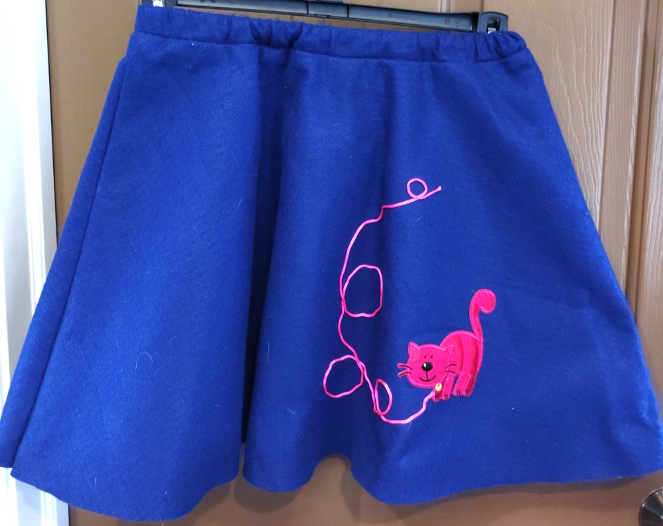 CAT Poodle Skirt felt Dark Blue vintage Elastic Waist Applique CUTE - Image 1 of 4