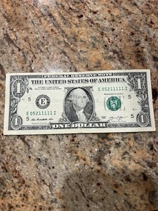 5 Of A Kind 1’s 5 In A Row $1 One Dollar Bill Fancy Serial Number E05211111I - Picture 1 of 2