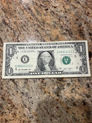 5 Of A Kind 1’s 5 In A Row $1 One Dollar Bill Fancy Serial Number E05211111I - Image 1 of 2