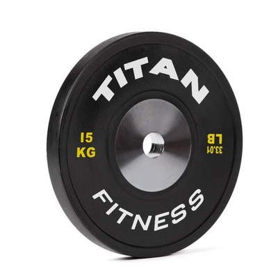 Placas de parachoques de competición Titan Fitness 15 kg individuales Elite, placa olímpica negra Foto 1 de 4