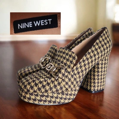 Nine West 7.5 M Brown Black Houndstooth Platform Loafers Chunky Block Heel - Image 1 of 4