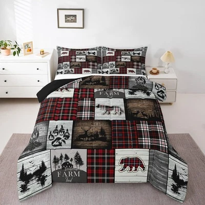 Bear Comforter for Teens Boys Girls Buffalo Plaid Check Bedding Sets for Cabi... - Image 1 of 4