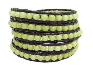 5 Wrap Bracelet  green glass beads  leather fashion bracelet - Picture 1 of 2