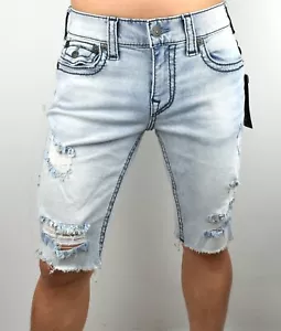 True Religion Geno Light Blue Anchor Worn Big T Denim Shorts - 103990 Size 31 - Picture 1 of 7