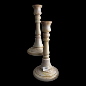 Vintage L. E. Smith Light Almond Nouveau slag glass candle sticks 7 3/4” FREE SH - Picture 1 of 3
