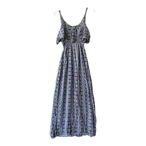 Sari Blue Maxi Dress Size 8 Cold Shoulder Strappy Side Slit Elastic Waist - Picture 1 of 11
