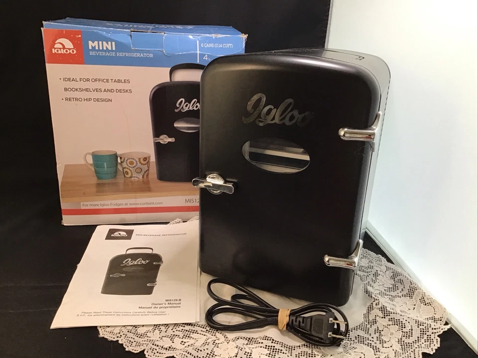 Igloo Mini Fridge Beverage Refrigerator Home or Auto Blk Holds 6 Cans Retro - Image 1 of 4