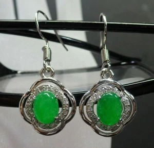 Genuine Green Jade Cabochon Cubic Zirconia Flower 18KGP Hook Dangle Earrings - Picture 1 of 6