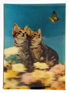 Kittens & Butterfly Flowers Lenticular Postcard 3D Asahi Japan UNP - Picture 1 of 2