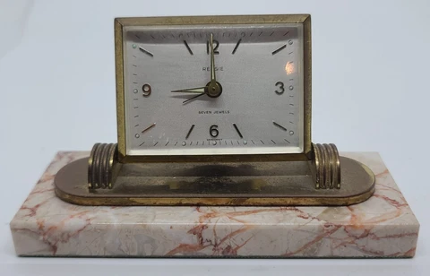 Vintage 1950's RENSIE Germany Brass Mechanical Desk Alarm Clock with Marble Base Cover