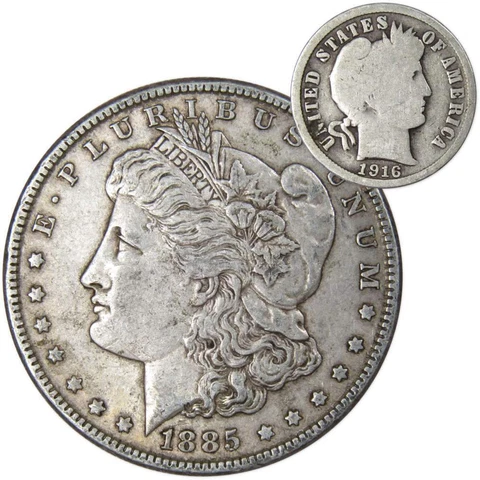 1885 Morgan Dollar XF EF Extremely Fine 90% Silver with 1916 Barber Dime G Good Cover