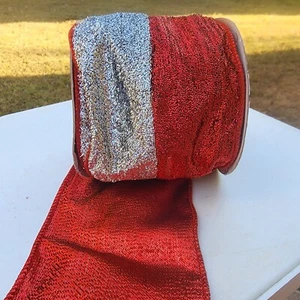 3"x 14ft Christmas Red / Silver Decorative glitter Craft fabric wired Ribbon - Picture 1 of 3
