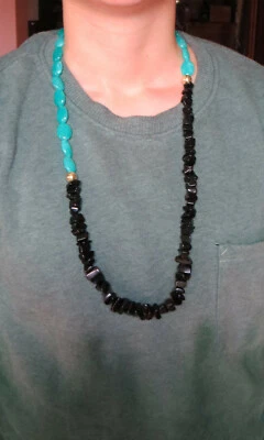 Collana in acquamarina e onice con sfere in argento 925 placcato oro   - Immagine 1 di 4