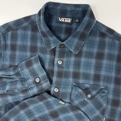 Vans Skateboarding Manga Larga Botón Franela Hombre Pequeño Azul Negro Cuadros Foto 1 de 4