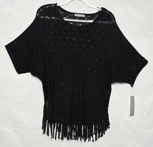 Women's NWT NY Collection Pullover Knit Top w/Fringe Accent Black Size Small - Picture 1 of 8