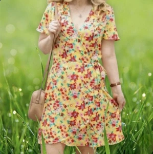 J. Vestido Crew para mujer talla 4 amarillo floral cuello en V manga corta envolvente hasta la rodilla - Imagen 1 de 13