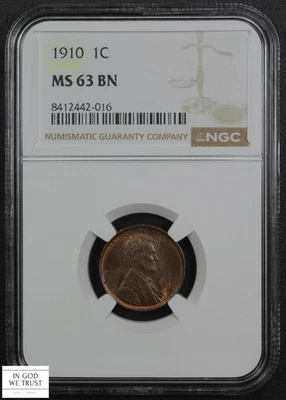 1910 Lincoln Wheat centavo de cobre 1C NGC MS 63 BN - Imagem 1 de 4