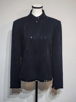 Chaqueta De Colección St. John Evening Santana Tejida Cremallera Frontal Talla 12 Negra Ajustada Glamour Foto 1 de 4