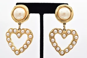 Givenchy Vintage Heart Clip On Earrings Pearl Gold Chunky Signed 1980s BinAI - Picture 1 of 12