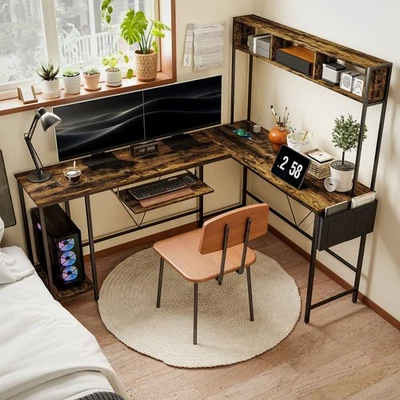 160cm Reversible L Shaped Desk 240cm Long Computer Desk w/ Storage Rustic Brown - Image 1 of 4