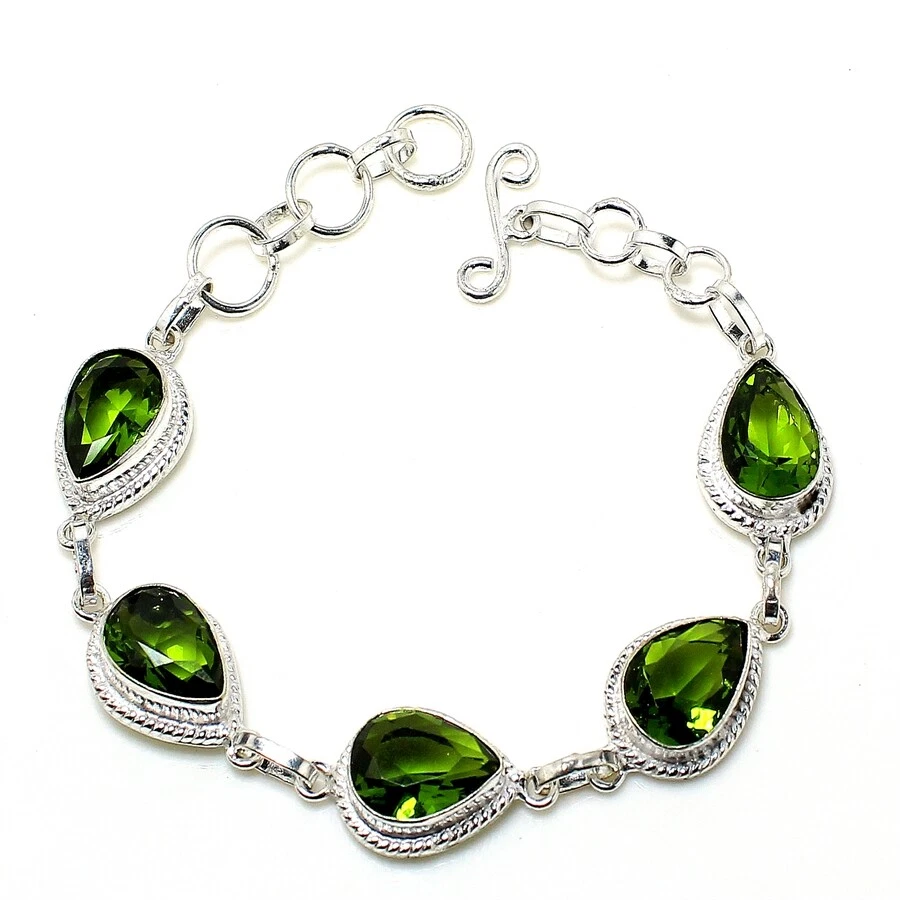 A+++Green Peridot Gemstone Handmade 925 Sterling Silver Jewelry Bracelet Sz 7-8" - Image 1 of 1