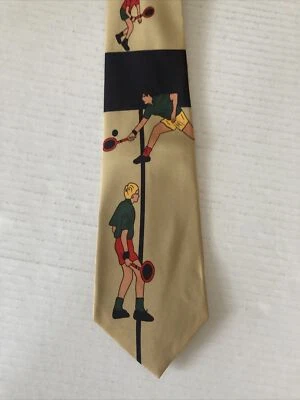 Enigma Men's Necktie Tie Silk Tan Black Tennis Players Theme Novelty - Image 1 of 4