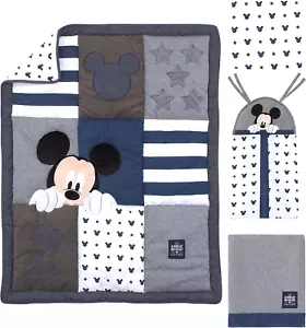 Disney Mickey Mouse 4 Piece Baby Cot Quilt Nappy Stacker Set Boys Denim Blue - Picture 1 of 9
