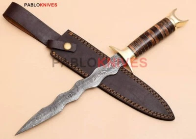 15" Hand Forged Damascus Steel Hunting Dagger Knife Stacked Leather Handle - Image 1 of 4