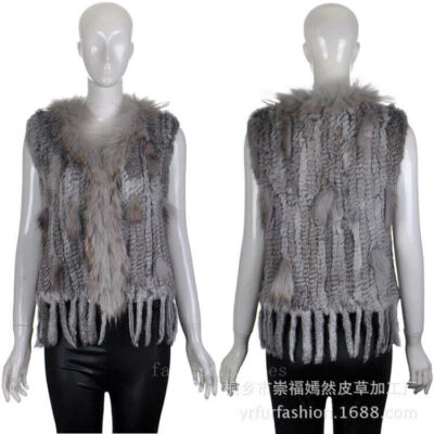 Womens Knit Real Rabbit Fur Raccoon Fur Collar Short Coat Tassels Vest Waistcoat - Image 1 of 4