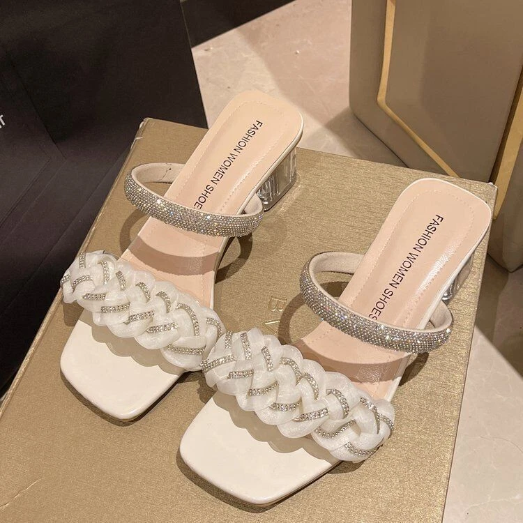 Summer Weave Women Rhinestone Slip On Slippers Square Toe Casual Block Heel Shoe - Image 1 of 4