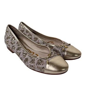 Sam Edelman Sara Gold Capped Glitter Leopard Knit Pattern Flats Shoes 7.5 38 - Picture 1 of 12