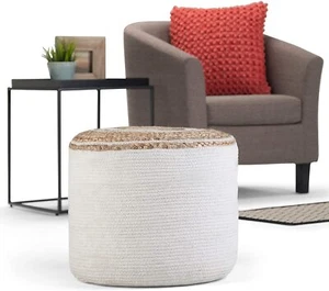 Pouf Cover Living Room Decor White Cotton & Jute Ottoman Table Foot Stool Cover - Picture 1 of 5