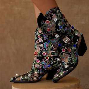 Women's Pointed Toe Side Zipper Embroidered Rhinestone Leather Plus Size Boots - Picture 1 of 30