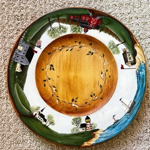 Handbemalter Holzteller Volkskunst Küstendorf Maritim Americana Hafen - Bild 1 von 12