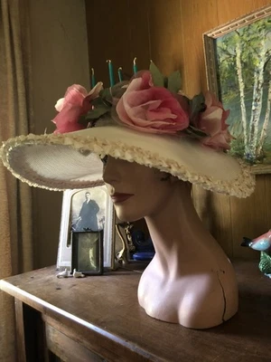 Vintage Antique Fabulous 1940’s Pink Rose Wide Brim BRUCE Portrait HAT - Image 1 of 4