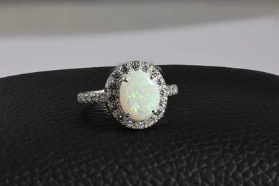 Серебряное кольцо с австралийским огненным опалом и созданным в лаборатории бриллиантом все размеры от 5 до 18 США - Изображение 1 из 4