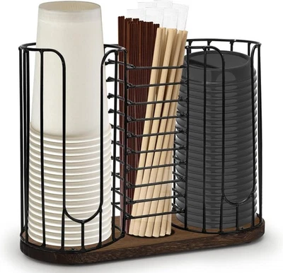 Estante dispensador de tazas de café de 18 oz de 3 compartimentos con base de madera, taza desechable, un Foto 1 de 4