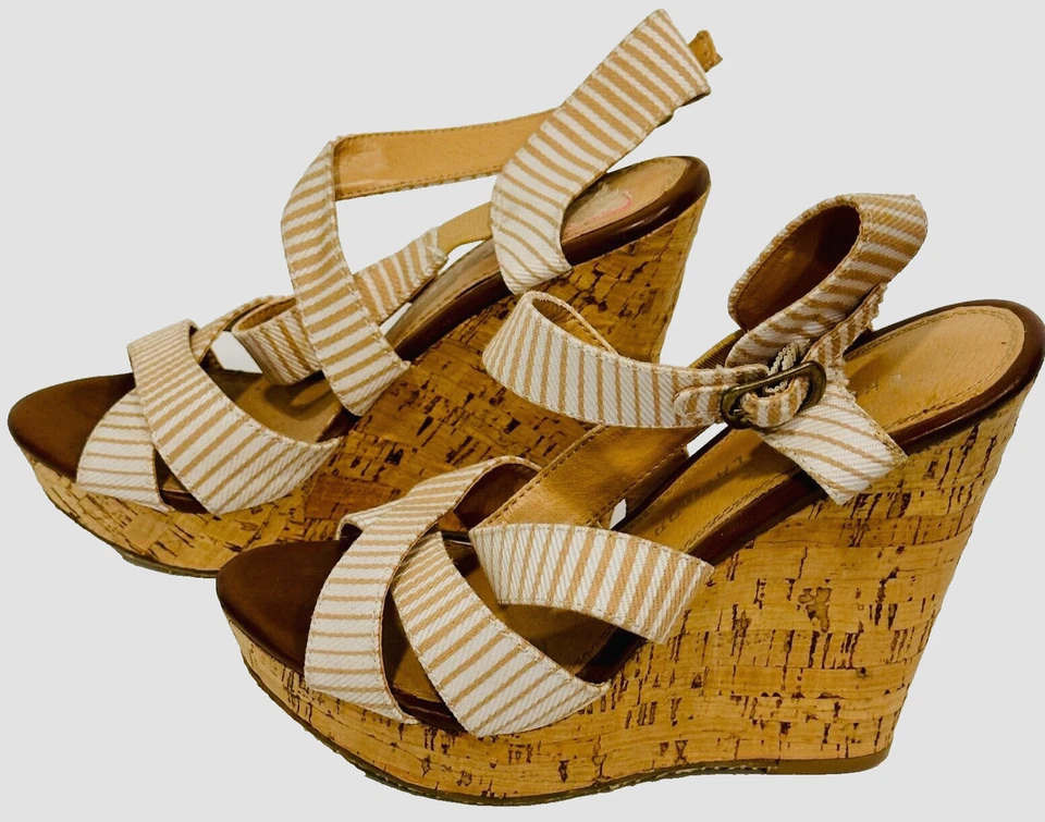 Sandalias de cuña alta chinas Laundry Z-Marianne rayas tostadas y marfil para mujer 6,5 Foto 1 de 4