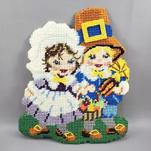 Thanksgiving Pilgrim Boy & Girl Fall Autumn Plastic Canvas Handmade Decor Vtg - Picture 1 of 12