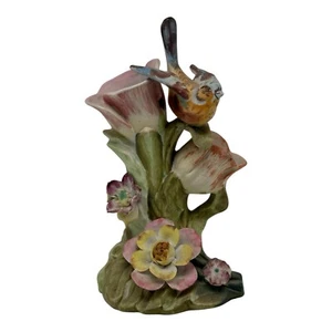 Vintage Chaffinches Bisque Porcelain 7” Double Vase Blue Bird  Flowers  Japan - Picture 1 of 9