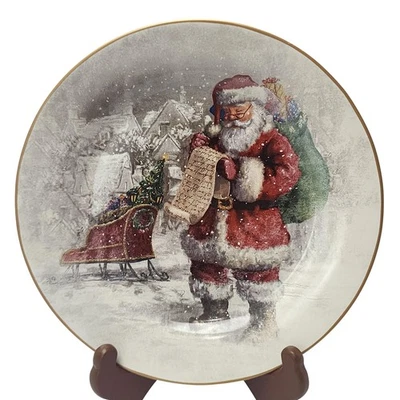 Plato de ensalada Pottery Barn Santa Claus trineo pueblo de Navidad borde dorado descontinuado Foto 1 de 4