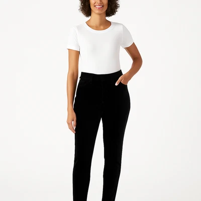 Pantalones cónicos de terciopelo de lujo de tiro alto bien usados nuevos con etiquetas - talla 4/27 - negros Foto 1 de 4