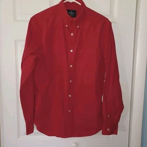 American Eagle Shirt Mens Medium Red Button Up 100% Cotton Long Slv Button Up - Picture 1 of 8