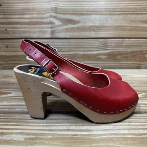 Sweedish Hasbeens 36 US 6 Toffel Wood Clog Heels Red Leather Peep Toe Shoes - Picture 1 of 9