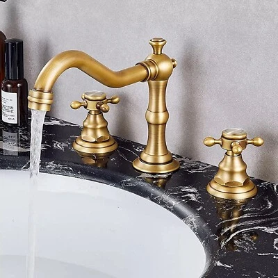 SENLESEN 8" Widespread Antique Brass Bathroom Faucet Sink 3 Hole 2Cross Handle Deck Mount