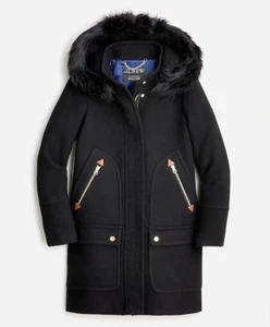 J CREW 4 T New Chateau Parka Italian Stadium Cloth Black Wool Fur Hooded Coat - Picture 1 of 7
