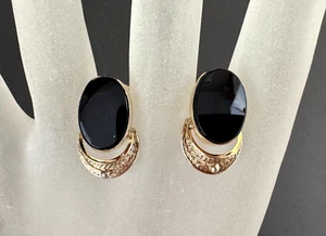 VTG Van Dell Signed 1/20 12K Gold Filled Filigree Oval Black Onyx Earrings - Picture 1 of 6
